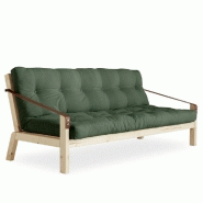 BANQUETTE FUTON POETRY EN PIN MASSIF COLORIS VERT OLIVE COUCHAGE 130 X 190 CM.