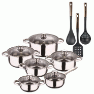 BERGNER - Batterie de cuisine Cassel 12pcs en acier inoxydable compatible induction avec Set de 3 ustensiles de cuisine en PBT noir et cuivre - inox P