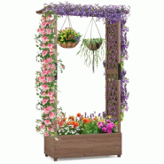 COSTWAY Bac surélevé avec treillis et toit suspendu, en bois, support pour plantes grimpantes 110x44x182 cm, marron. - marron Bois massif SF6856NZ
