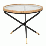Mauro Ferretti Table Basse Ronde Saint Barth Ø 80 Cm En Métal, Verre Et Rotin - Finition Dorée Et Style Bohème Chic Pour Les Intérieurs - multico