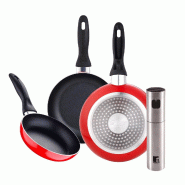 BERGNER - Set de 3 Poêles Ø16/20/24cm aluminium Pressé Compatible Induction Navy Red avec Vaporisateur d’Huile/Vinaigre en Acier Inoxydable Ø4x1