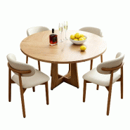 Merax Ensemble repas Ø120 cm avec 4 chaises, table ronde effet chêne, chaises en PU beige et pieds en bois massif - multicolore multi-matériau W119