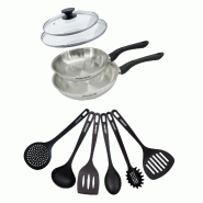 Set 2 poêles 20 et 24 cm en inox, couvercles verre et 6 ustensiles Fackelmann Geneva - gris inox 3176239944297