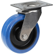 Roulette pivotante de 160 mm en acier inoxydable avec caoutchouc élastique bleu sur roue centrale en nylon. Roulette pivotante de 160 mm en acier inoxydable avec caoutchouc élastique bleu sur roue centrale en nylon.