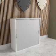 Armoire mi-haute à portes coulissantes - Mobel Linea - 120, Gris aluminium, Blanc pastel_0