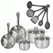 Batterie de cuisine avec 3 faitouts 16/20/24 cm et 2 poêles 20/24 cm et 5 ustensiles de cuisine Fackelmann Etherna Brillant Clip - gris inox 31762399