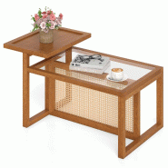 COSTWAY Table d'Appoint 2 Niveaux, avec Plateau en Verre, Naturel - marron Bois manufacturé VH35877NZ