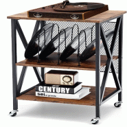 Étagère 3 niveaux COSTWAY, support tourne-disque sur roulettes, étagère rustique avec cadre en métal, brun - multicolore Bois manufacturé VH34884OR