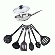 Set de 1 poêle de 20 cm en inox 1 couvercle en verre et 6 ustensiles Fackelmann Eterna - acier 3176239943887