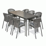 REMARQUABLE Ensemble table de jardin en aluminium gris anthracite et plateau céramique sur verre (200x90 cm) et 8 fauteuils GAMBI empilables - TIGUA