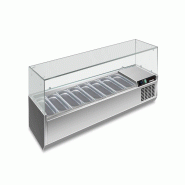 Vitrine réfrigérée en acier inoxydable pour 8 GN1/3. Température +2°C/+8°C. Thermostat électronique. Dimensions LxPxH 180x39,5x43,5 cm. RWX1802 - 4646