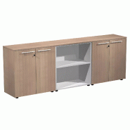 Armoire basse combiné 4 portes mélaminé à serrure - 3 étagères - L. 243 x P. 43 x H. 81 cm So Flora - Frêne Noir_0