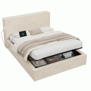 Merax Lit rembourré 120 x 200 cm avec rangements hydrauliques, liseuse, USB & USB-C, sommier à lattes, tête de lit capitonnée & housse chenille, b