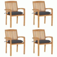 VidaXL Chaises De Jardin Empilables Avec Coussins Lot De 4 Teck Solide - gris 3073255 VidaXL Chaises De Jardin Empilables Avec Coussins Lot De 4 Teck Solide - gris 3073255