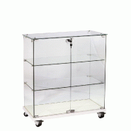 Vitrine 80x40x90cm verre trempé 2 tablettes, top verre, socle blanc, serrure