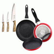 BERGNER - Ensemble de 3 poêles avec revêtement effet marbre Ø16/Ø20/Ø24 cm avec ensemble de 3 couteaux en acier inoxydable - PK9180