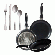 BERGNER - Lot de 3 poêles en aluminium pressé Ø16/Ø20/Ø24 cm compatibles induction Navy Black avec set de 16 couverts en acier inoxydable - PK9264