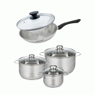 Batterie de cuisine avec 1 poêle 28 cm et 3 faitouts 16/20/24 cm sans PFAS Fackelmann Généva Brillant avec couvercles - gris inox 3176239935516_0