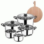 BERGNER - Batterie de Cuisine 8 pcs 16/18/20/24/28cm acier Inoxydable Compatible Induction avec Planche à Découper Ronde 38x28x1,5cm en Bois de Hêt