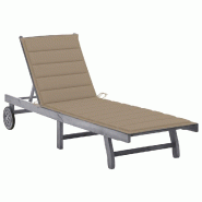 Helloshop26 - Transat chaise longue bain de soleil lit de jardin terrasse meuble d'extérieur 200 cm avec coussin gris bois d'acacia 02_0012483 - gris