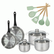 Lot de 2 Poêles 20/24cm et 3 Faitouts 16/20/24cm Fackelmann Généva avec 5 ustensiles Océan - 3176239920178