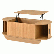 Merax Table basse  réglable en hauteur 100 x 50 cm, table de salon ovale avec élévateur hydraulique, volets roulants et rangements, aspect bois - B_0