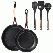 BERGNER - Jeu de 2 Poêles Ø20/24 cm en Aluminium Forgé Noir Mat avec Jeu de 3 Ustensiles de Cuisine en PBT noir et cuivre - PK9547