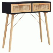 Table console Noir 80x30x75 cm Bois massif pin /rotin naturel Modèle Atlas Vision - 345625