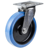 Roulette pivotante de 200 mm en acier inoxydable avec caoutchouc élastique bleu sur roue centrale en nylon. Roulette pivotante de 200 mm en acier inoxydable avec caoutchouc élastique bleu sur roue centrale en nylon.