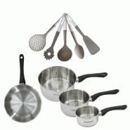 Batterie de cuisine avec 3 casseroles 12/16/20 cm et 1 poêle 24 cm avec 5 ustensiles de cuisine sans PFAS Fackelmann Généva Vario - gris inox 31762