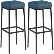 Décoshop26 - Lot de 2 tabourets de bar avec repose-pieds assises carrées hauteur 80 cm en tissu bleu et métal noir 10_0006072 - bleu métal 3000265