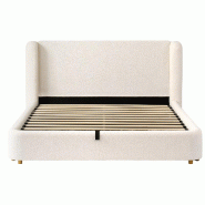 Merax Lit capitonné 180 x 200 cm, lit à coffre hydraulique avec sommier à lattes, housse bouclée et tête de lit amovibles, beige - beige multi-ma