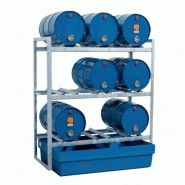 Rayonnage de 6 à 9 fûts de 60 L avec bac de rétention polyéthylène Rayonnage de 6 à 9 fûts de 60 L avec bac de rétention polyéthylène