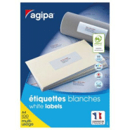 AGIPA Étiquettes adhésives blanches multi-usages, 70 x 36 mm - 2400 étiquettes par boîte, 24 étiquettes par feuille AGIPA Étiquettes adhésives blanches multi-usages, 70 x 36 mm - 2400 étiquettes par boîte, 24 étiquettes par feuille