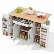 Merax Îlot de cuisine mobile 136x70x92 cm, chariot avec plan extensible, tiroir à couverts, roulettes et rangement, blanc - blanc Bois manufacturé