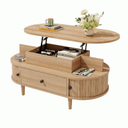 Merax Table basse avec plateau relevable réglable en hauteur, table de salon ovale avec tiroir et portes coulissantes, 105 x 50 x 60.5 cm - Bois manu