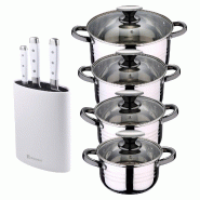 BERGNER - Batterie cuisine DINA 8pcs 16/18/20/24cm acier inoxydable compatible induction avec jeu de 3 couteaux acier inoxydable avec bloc à couteaux