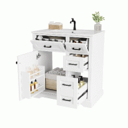Merax meuble vasque 76x47x82 cm, meuble blanc autoportant avec vasque céramique, 4 tiroirs, étagère de porte et Soft-Close - blanc multi-matériau