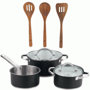 BERGNER - Batterie de cuisine 5 pièces 16/18/20 cm en acier inoxydable compatible induction avec ensemble de 3 ustensiles de cuisine en bois d’acac