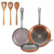 BERGNER - Jeu de 3 Poêles en Aluminium Pressé Ø18/22/26cm Compatibles Induction Optimum Plus avec Set 3pcs Ustensiles de Cuisine 32,8x33x7x1,4cm Xm