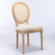 Merax Ensemble de 2 chaises de salle à manger , chaise en bois massif de style français, dossier en rotin, tissu aspect lin, chaise rembourrée, boi