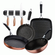 BERGNER Copper - Jeu de Poêle Grill 28x28cm, Wok Ø28cm, Poêle Ø20x4,5cm et Poêle à Poisson 32x21,8cm en Aluminium Forgé avec Couteaux - PK8749