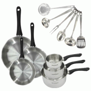Set 3 poêles 20 24 et 28 cm, 3 casseroles en inox et 6 ustensiles inox Fackelmann Geneva - gris inox 3176239944679