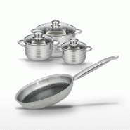 Batterie de cuisine avec 3 faitouts 14/16/24 cm et 1 poêle de cuisson 28 cm en inox sans PFAS Elo Collection Relief Solution Brillant - gris 31762399