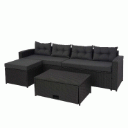 Mendler Poly-Rattan Garniture HWC-J34, Balcon-/Jardin-/Lounge-Set Canapé, compartiment de rangement ~ noir, coussin gris foncé - noir plastique 7707