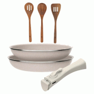 BERGNER - Jeu de 2 poêles Ø24/28 cm en aluminium embouti antiadhésif avec manche amovible avec jeu de 3 ustensiles de cuisine en acacia - PK9491