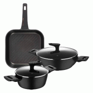 BERGNER Copper - Jeu de 2 casseroles basses Ø20cm (2,2L) et Ø28cm (4,2L) avec couvercles en aluminium forgé et poêle grill 28x28cm en aluminium co