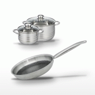 Batterie de cuisine avec 1 poêle 28 cm et 2 faitouts 16/24 cm en inox sans PFAS Elo Collection Relief Solution Brillant - gris 3176239941173