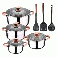 BERGNER - Batterie de cuisine NONA 8 pcs 16/18/20/24cm acier inoxydable compatible induction avec Set de 3 Ustensiles de cuisine en PBT noir et cuivre