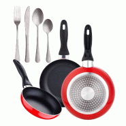 BERGNER - Jeu de 3 Poêles Ø16/Ø20/Ø24cm en Aluminium Pressé Compatible Induction Navy Red avec Set de 16 Couverts en Acier Inoxydable - aluminium